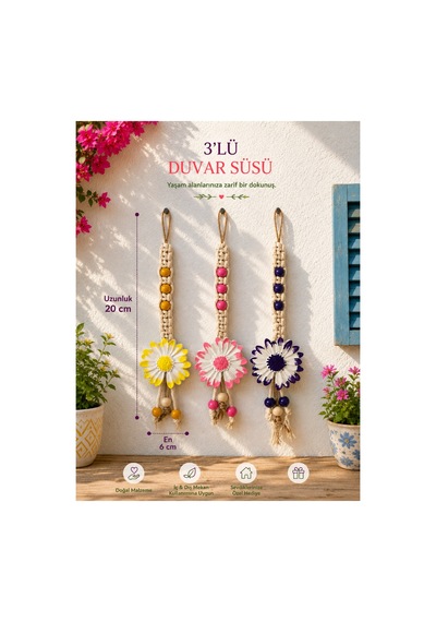3 Lü Renkli Çiçek Figürlü Duvar Dekoru Çok Renkli - 914465947 Çok Renkli - 914465947