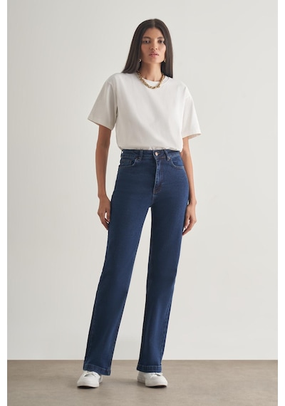 Koyu Rins Mizalle Geniş Paça Yüksek Bel Koyu Mavi Denim Pantolon Mavi
