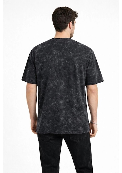 Erkek Asit Yıkama Bisiklet Yaka Kısa Kollu Oversize T-shirt Tişört - Siyah Siyah
