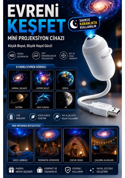 Uzay Gece Lambası Mini Projektör 6 Film Disk 360 Dönen Ay Aurora Kuzey Işıkları Tak Çalıştır Nebula