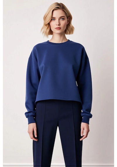Benerly Kadın Bisiklet Yaka Düşük Kol Örme Sweatshirt Fonksiyonel Dayanık Lacivert