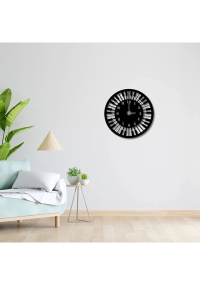 Metal Duvar Saati Piyano Tuşe Detaylı Dekoratif Saat Siyah-58 X 58