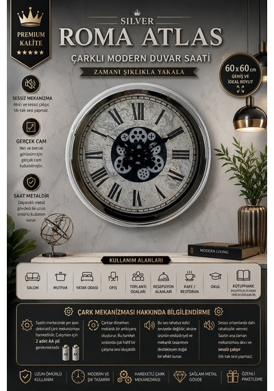 Roma Atlas Silver 60 Cm Çarklı Krom Duvar Saati