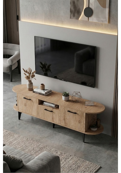 Tv Sehpası 160 Cm Modern 3 Kapaklı Tv Sehpa Çok Amaçlı Konsol Ünitesi Mira Bej