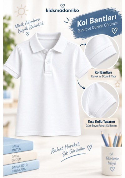 Kidsmadamiko Erkek Çocuk Kısa Kollu Okul Polo Yaka T-shirt 5-17 Yaş Bedenler Yaşlarla BEYAZ