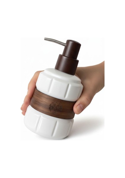 Ahşap Detaylı Porselen Sıvı Sabunluk 450 Ml Çelik Pompa Uçlu Mutfak Ve Banyo Deterjanlık Kahverengi