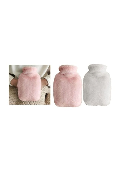 Sıcak Su Torbası 2 Adet,yan Cepli Peluş Termofor 27x17x2cm 750ml Pembe-beyaz