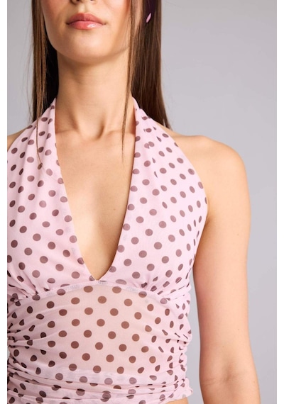 Defacto Fıtted Puantiye Halter Yaka Tül Pembe Bluz H5916ax26smpn440 Pembe-pn440