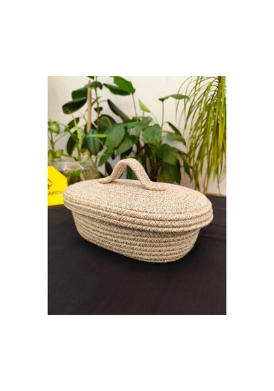 Hasır Jüt Sepet Oval Kapaklı Organizer Düzenleyici 30x20x10 Cm Taş Taş