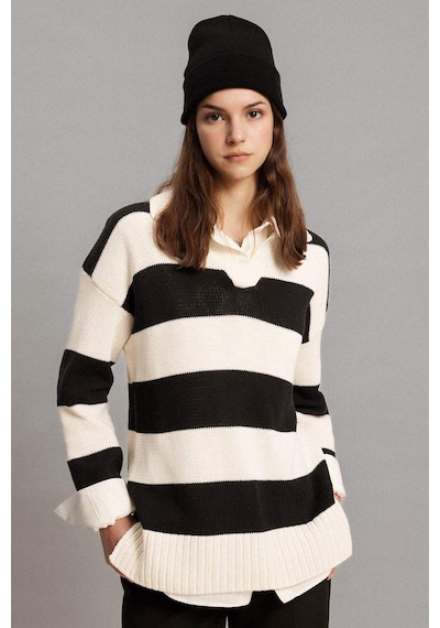 DeFacto Regular Fit Polo Yaka Çizgili Triko Kazak Tunik B8370AX24SPER133 Ekru