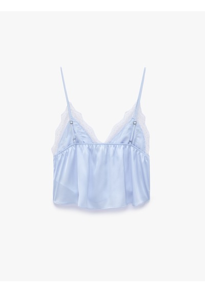 Koton Rahat Kalıp Dantel Detaylı Saten Askılı Pijama Üstü Mavi 6slk90036mw