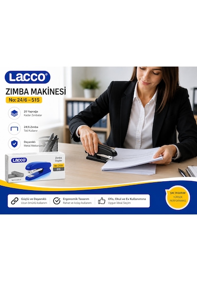 Lacco 515 Zımba Makinesi 24/6 Metal Mekanizmalı Dayanıklı Ofis Okul Ev Tipi Zımba