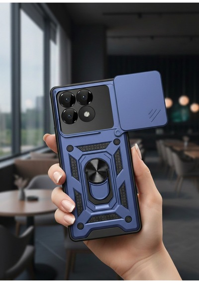 Xiaomi Poco F6 Pro Kılıf Magnetik Standlı Sürgülü Kamera Korumalı Tank Kapak