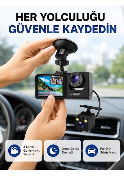 Üç Kameralı Araç İçi Kayıt Sistemi Full Hd Gece Görüşlü Ve G-sensör Destekli 31476125