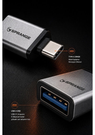 Sprange Type C Usb 3.1 Dönüştürücü Adaptör Usb To Type C Çevirici Telefon Ve Tablet  Gri