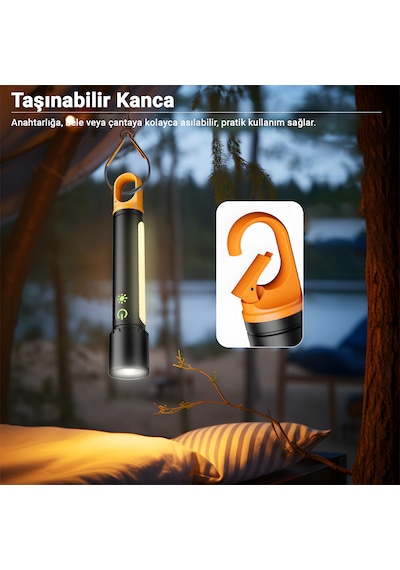 X725 Çok Fonksiyonlu Şarjlı Kamp El Feneri 750 Lm Led, Yan Lamba, Su Geçirmez, Powerbank Siyah