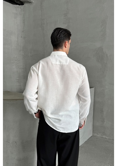 Erkek Oversize Kesim Keten Görünümlü Gömlek Beyaz