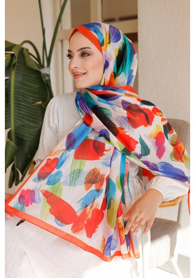 Mimiyum Nayf İpek Şal Pastel Desen Turuncu