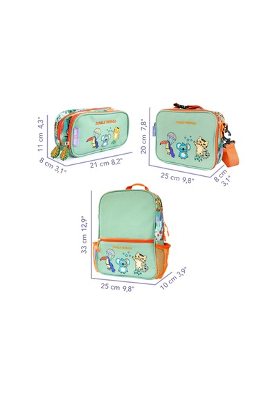 Milk & Moo Çocuk Sırt Çantası, Kalem Kutusu, Beslenme Çantası 3'lü Set Jungle Friends