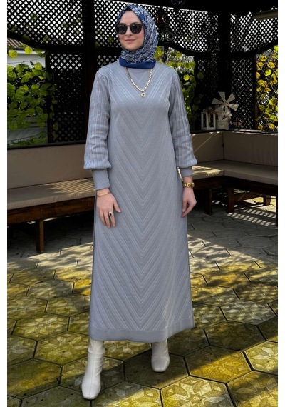 Rabia Şamlı Yağmur Triko Elbise Gri Normal
