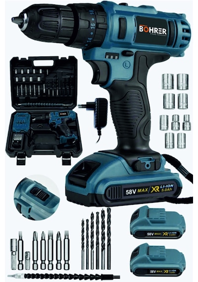 Böhrer Bh-blste Profesyonel Bakır Sargılı 58 V 5 Ah Çift Akülü Dark Blue +24 Parça Ste Vidalama Matkap Seti