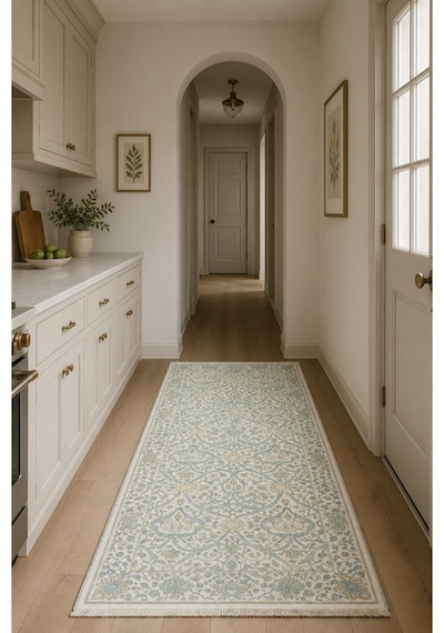 Saçaklı Salon Halısı Krem Mint Osmanlı Floral Desenli Th-3039 Krem - Mavi - Yeşil - Altın