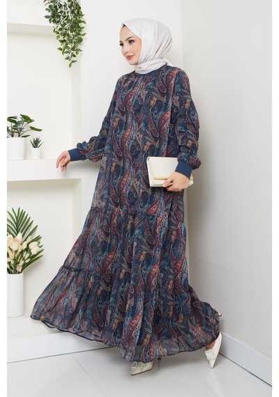 Hb Harma Time Butik Kadın Astarlı Lacivert Şifon Şal Desen Elbise