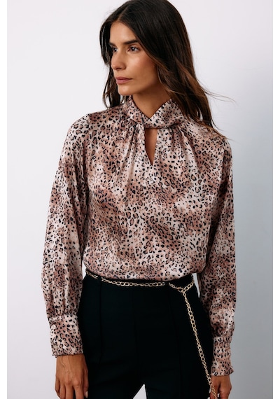Sateen Detaylı Yaka Leopar Desenli Bluz - Bej-135129 BEJ
