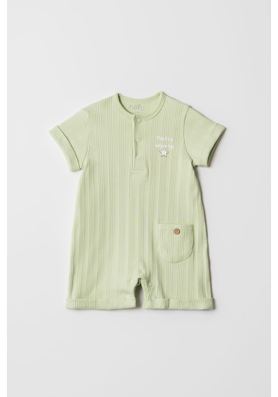 Hafy Baby Hello World İşlemeli, Kısa Kollu, Yazlık Bebek Tulumu Yeşil