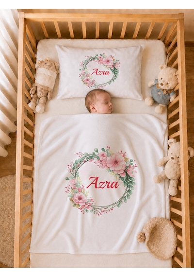 İsme Özel Kız Bebek Battaniye 80x80 Cm Ve Yastık Kılıfı 35x45 Cm %100 Pamuk Organik Baskılı Bebek Seti Bebek Hediyesi 1024yb Krem
