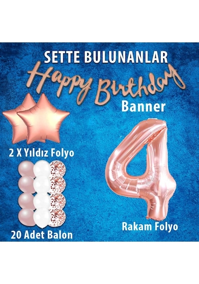 Rose Gold Konsept 4 Yaş Doğum Günü Kutlama Seti; Beyaz Gold Konfe