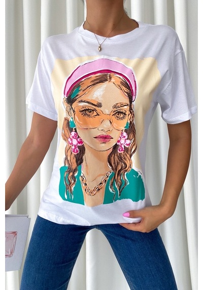 Femelle Kadın Beyaz Yeni Sezon Baskılı Pamuk Tişört - A078