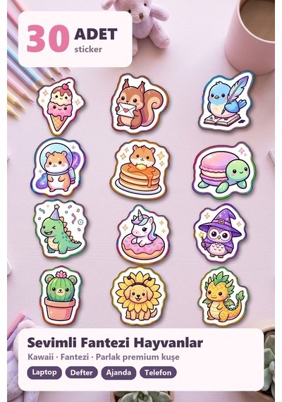 30 Adet Sevimli Hayvan Sticker Seti Boba Çaylı Kedi, Aylı Balina, Çilekli Tavşan Kek - Laptop Defter Ve Telefon Çok Renkli