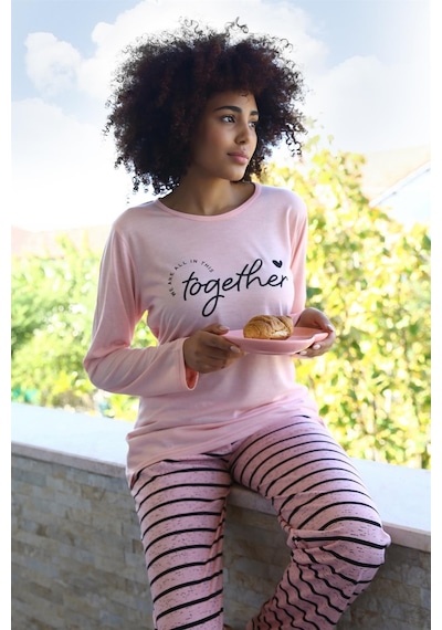 Akbeniz Kadın Penye Uzun Kol Pijama Takım 4190 - L Pembe