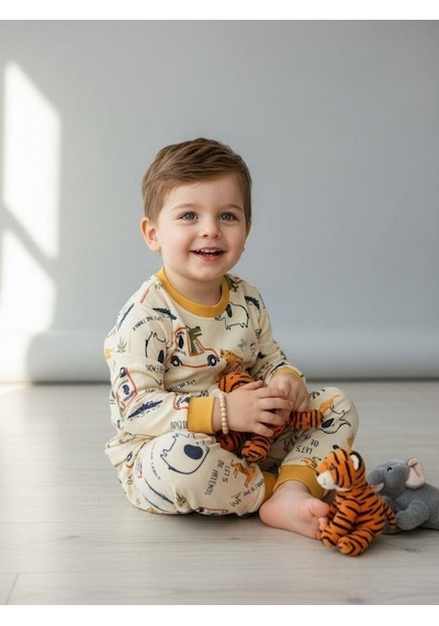 Zekids Erkek Bebek Pamuklu Safari Desenli Pijama Takımı-16848 Çok Renkli