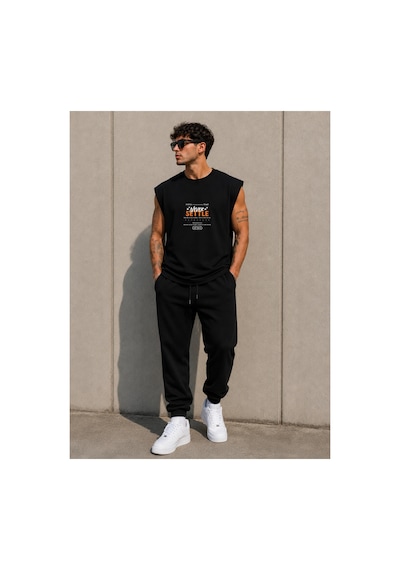 Herkesemoda Never Baskı Detaylı Sıfır Kol Bisiklet Yaka T-shirt Siyah