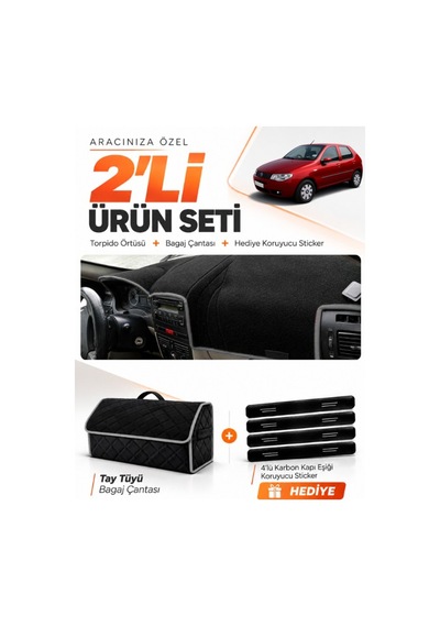 Fıat Palio 2005-2012 Uyumlu Torpido Örtüsü + Tay Tüyü Bagaj Çantası + Sticker Seti - Siyah Gri