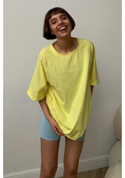 Sarı Oversize Basic Kadın Tişört Sarı