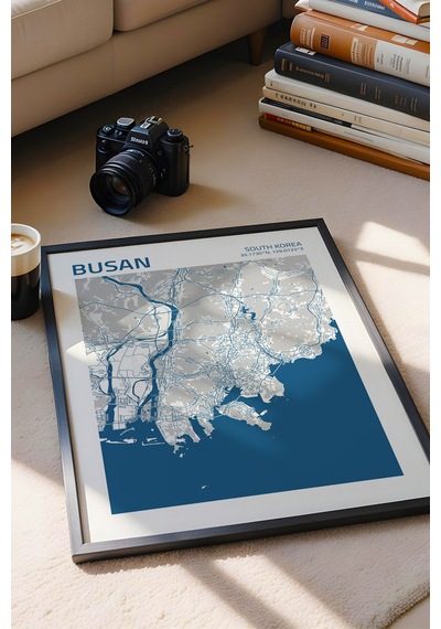 Busan Güney Kore Haritası Çerçeveli Tablo Lüks Salon Ofis Duvar Dekorasyonu Hediyelik Tablo