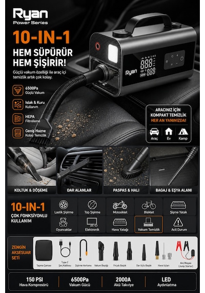 10in1 Akü Takviye Cihazı 2000a 150 Psı Dijital Lastik Şişirme Kompresörü Powerbank Led Fener Ry-p10
