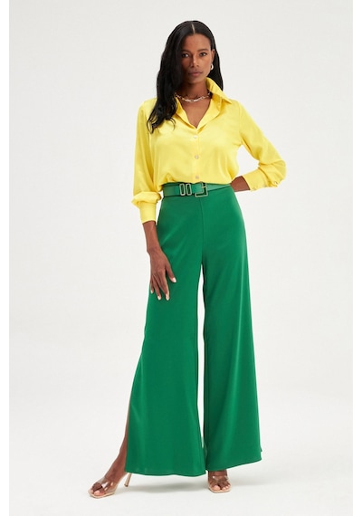 Sateen Yırtmaç Detaylı Saten Pantolon - Zümrüt