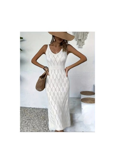 Butik İstanbul Kadın Askılı V Yakalı Uzun Triko Elbise Beyaz