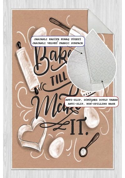Dijital Baskılı Dekoratif Kaymaz Taban Yıkanabilir Bake Make It Desenli Halı Mutfak Halısı Yolluk Salon Halısı