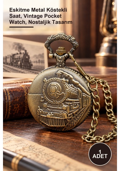 1 Adet Antika Tren Tasarımlı Köstekli Cep Saati Eskitme Metal Köstekli Saat, Vintage Pocket Watch, Nostaljik Tasarım Haki