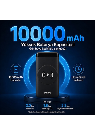 Omars OMWS008 20 W 10000 mAh Kablosuz Led Göstergeli Powerbank Siyah