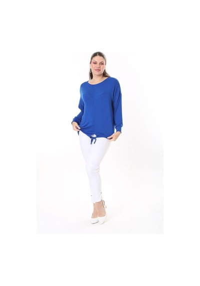 Şans Kadın Büyük Beden Saks Önden Bağlamalı Uzun Kollu Bluz 65n37695-saks Saks