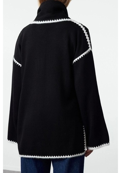 Ersefa Kadın Modern Tarz Oversize Bisiklet Yaka Midi Triko Hırka Siyah
