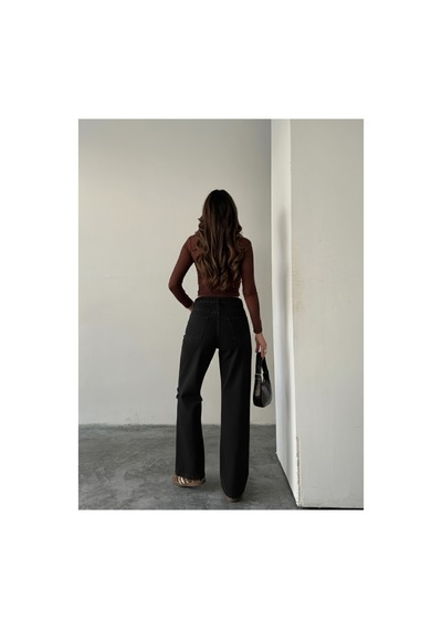 Blue Marlın Çift Diz Lazer Yırtık Boyfriend Bol Paça Jeans Siyah
