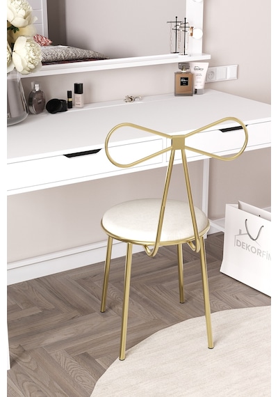 Df04102p Metal Ayaklı Makyaj Sandalyesi, Fiyonk Tasarımlı Puflu Gold Modern Dekoratif Sandalye Altın