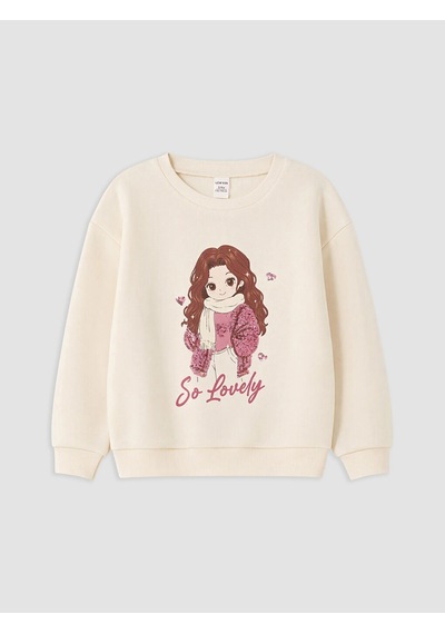 LC Waikiki Lcw Kids Ekru Baskılı Kız Çocuk Kalın Sweatshirt Cream